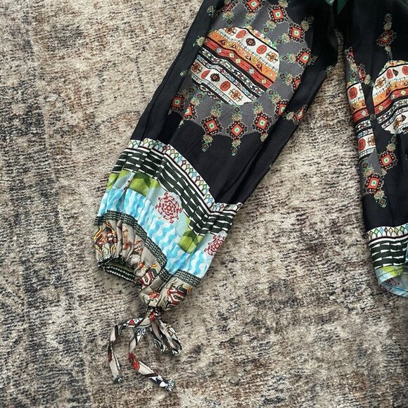 Desigual Sheer Chiffon Colorful Print Blouse Sz M Spain Boho Tribal Aztec Bishop - Picture 3 of 11